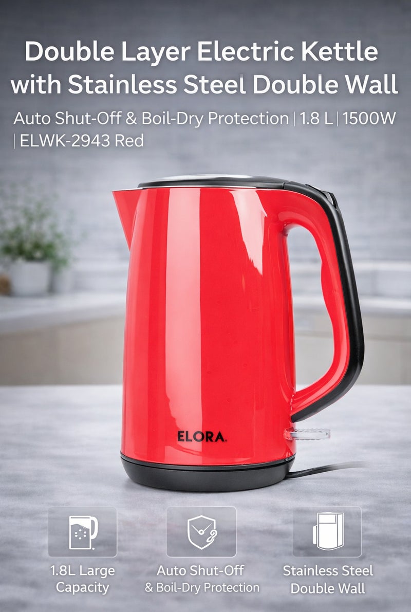 ELORA Double Layer Electric Kettle 1.8 L with Stainless Steel Inner Wall, Auto Shut-Off & Boil-Dry Protection 1500 W ELWK-2943 Red - Image 1